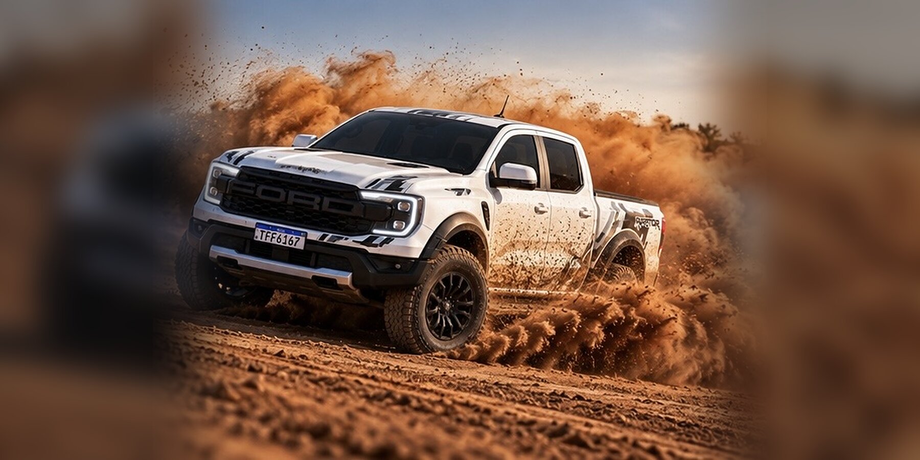 Ford Ranger V6 Diesel 2026 branca com kit Raptor levantando poeira na terra - Visão Principal